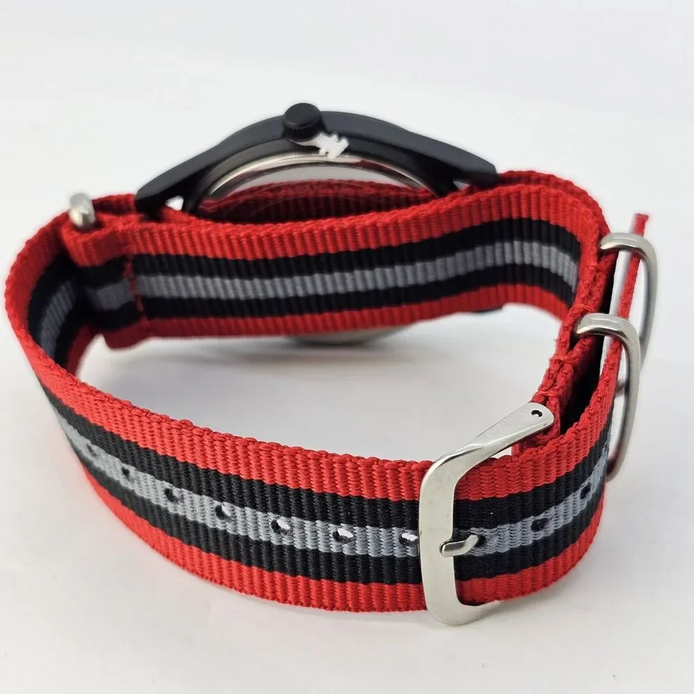Field Men's Watch 42MM Black Case Black‎ Dial Red Black Gray Canvas Band Strap